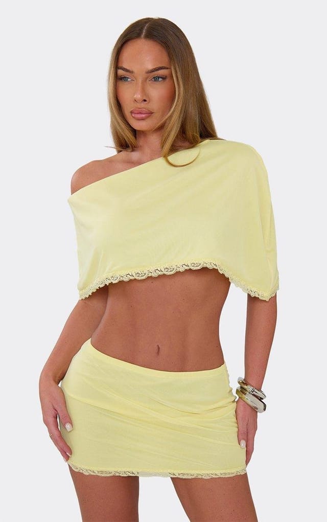 EGO Off The Shoulder Lace Trim Asymmetric Cape Top In Lemon, Women's Size UK 8 - 2