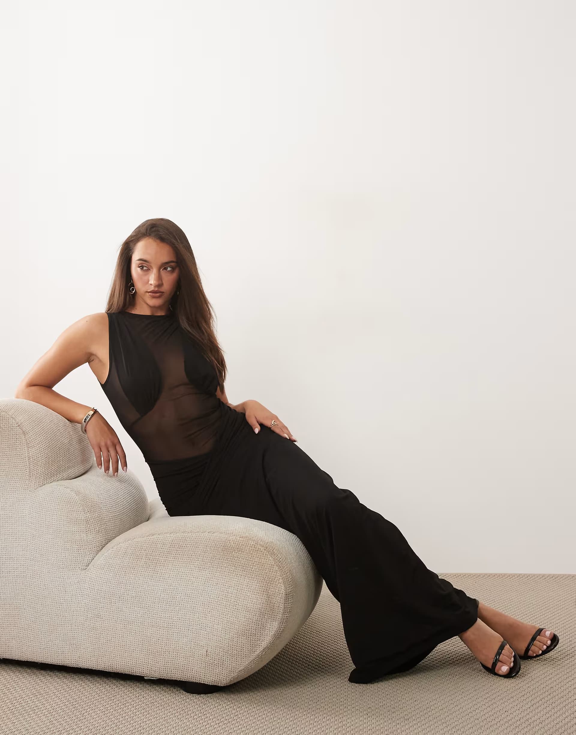 ASOS Missyempire double sculpted slinky high neck mesh front maxi dress in black