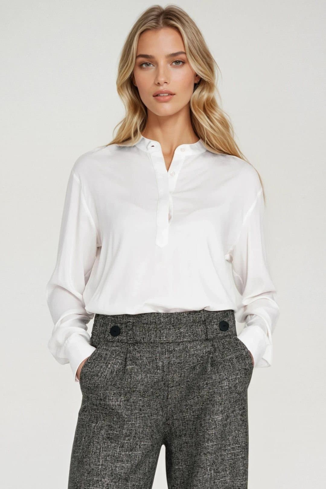 Love Lace Love Lace Women's Modern Oversized Viscose Polo Blouse in White