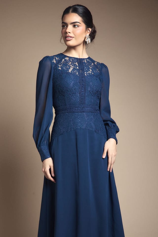 Wallis Wallis Women's Lace Insert Chiffon Midi Dress in Navy - 2