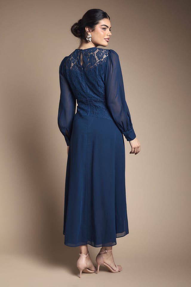 Wallis Wallis Women's Lace Insert Chiffon Midi Dress in Navy - 3