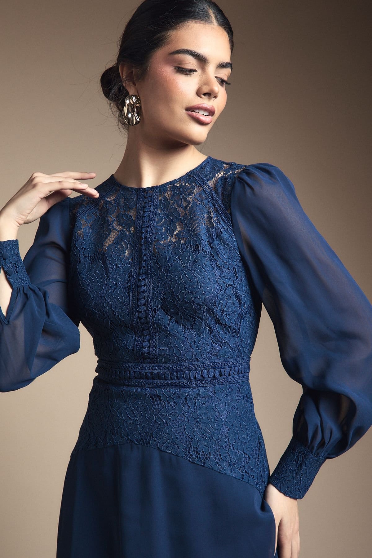 Wallis Wallis Women's Lace Insert Chiffon Midi Dress in Navy - 4