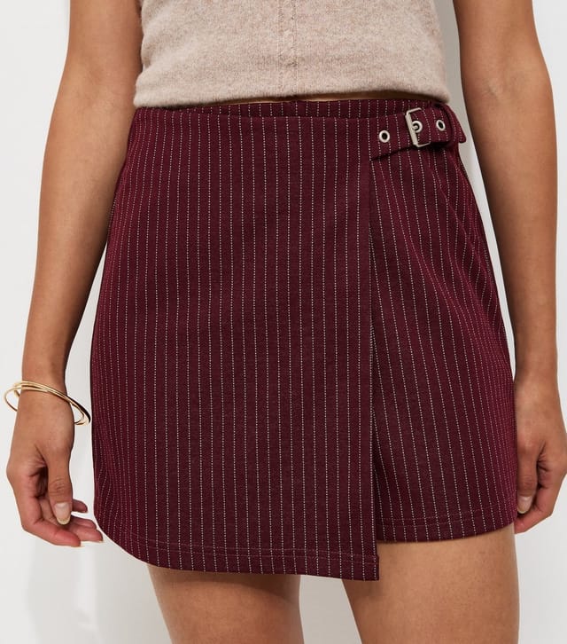 New Look Women's Red Woven Pinstripe Buckle Detail Skort New Look - 2