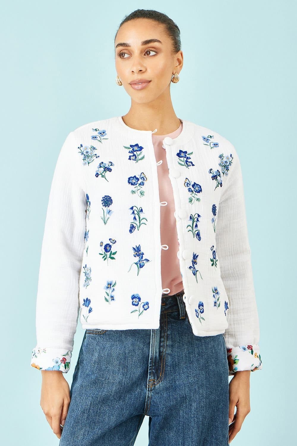Yumi Yumi Women's White Floral Embroidery Cotton Jacket