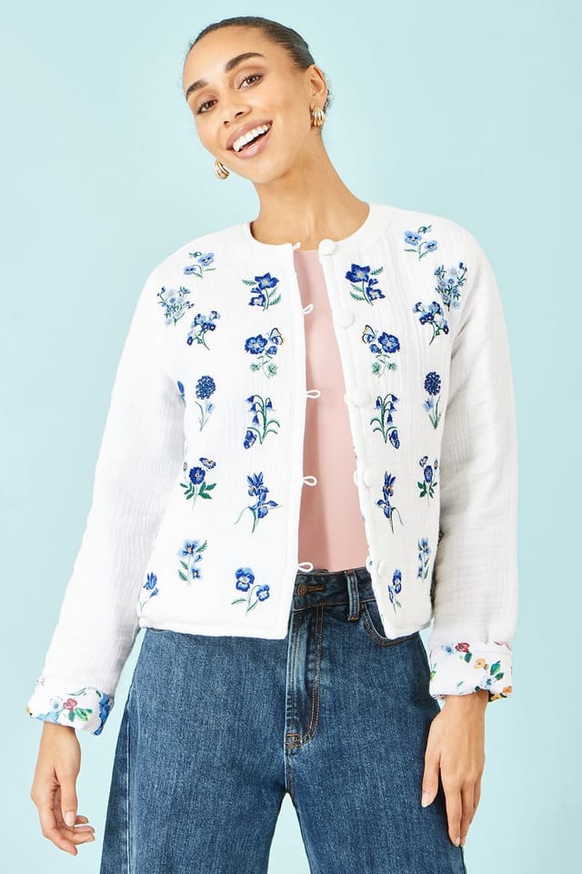 Yumi Yumi Women's White Floral Embroidery Cotton Jacket - 2