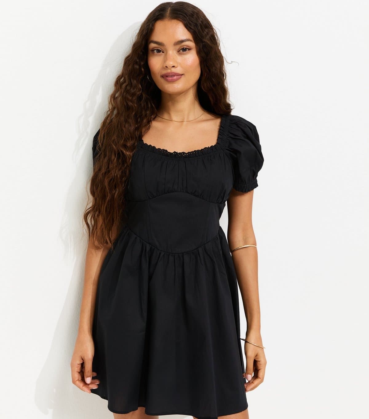 New Look Women's Petite Black Lace Trim Milkmaid Corset Waist Mini Dress New Look