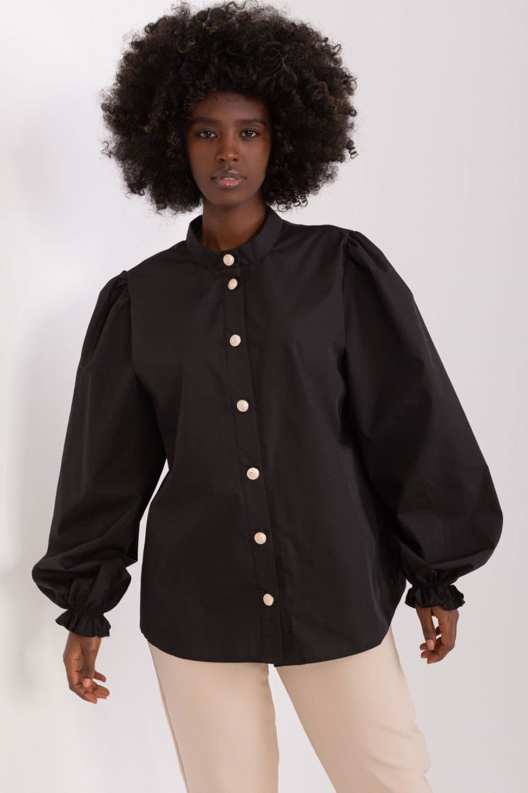 Love Lace Love Lace Women's Long Sleeve Shirt with Stand Collar & Frill Cuff in Black