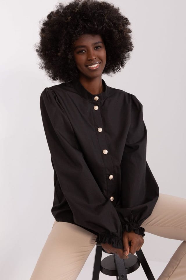 Love Lace Love Lace Women's Long Sleeve Shirt with Stand Collar & Frill Cuff in Black - 2