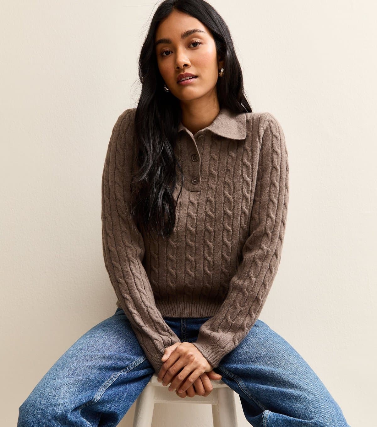 New Look Women's Dark Mink Cable Knit Button Polo Jumper New Look