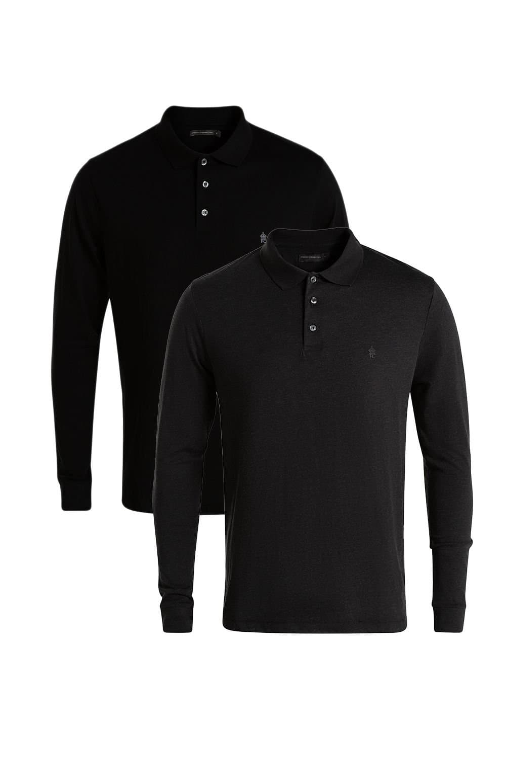 French Connection French Connection Men's 2 Pack Cotton Long Sleeve Polo Shirts in Black