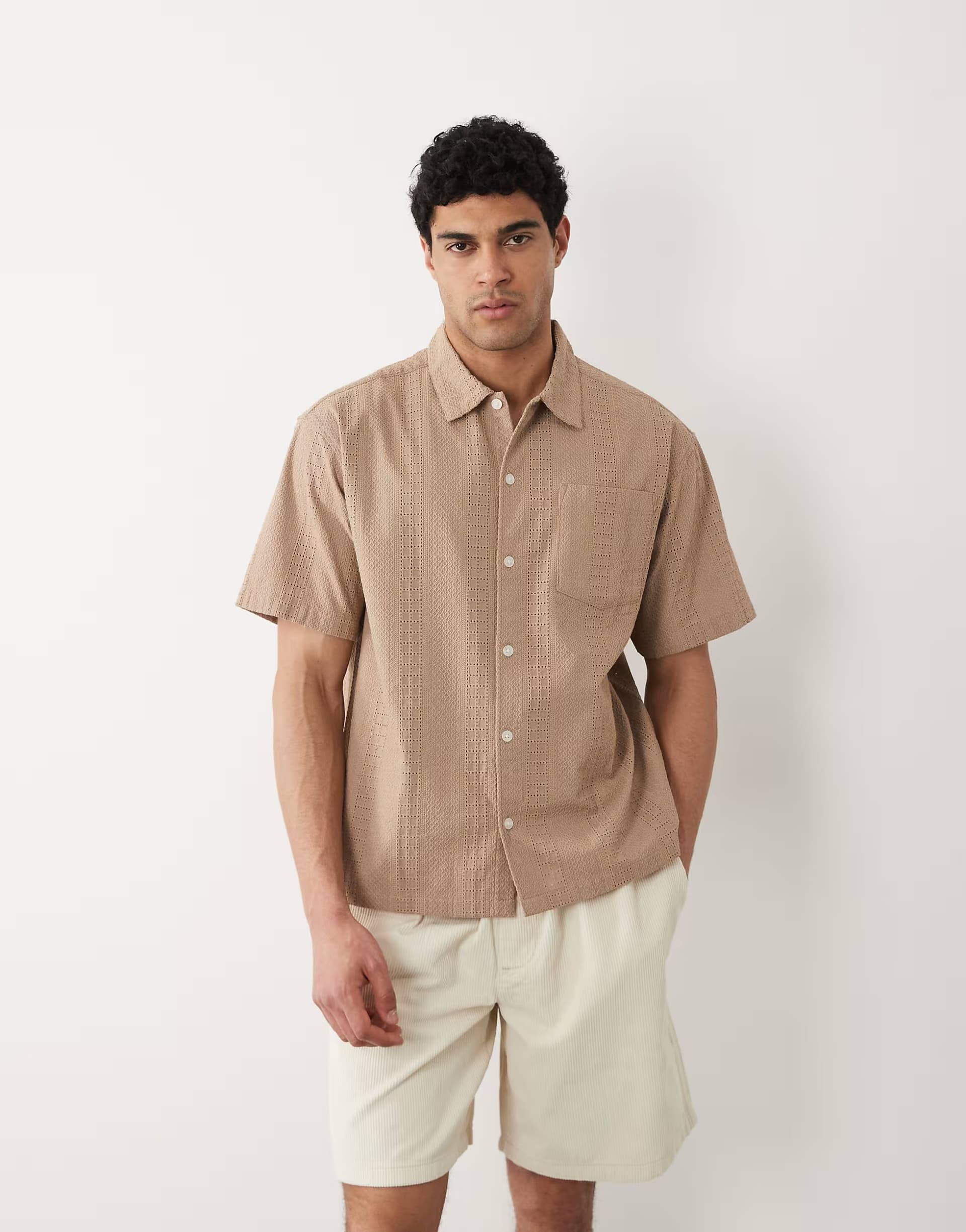 ASOS Jack & Jones embroidered short sleeve shirt in beige