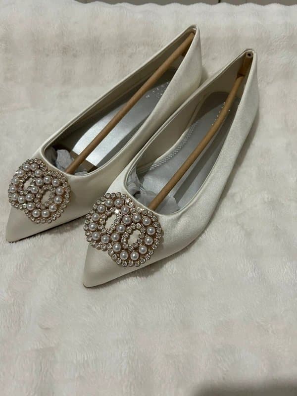 ASOS Design ASOS Design Lola faux pearl embellished pointed ballet flats in ivory stain