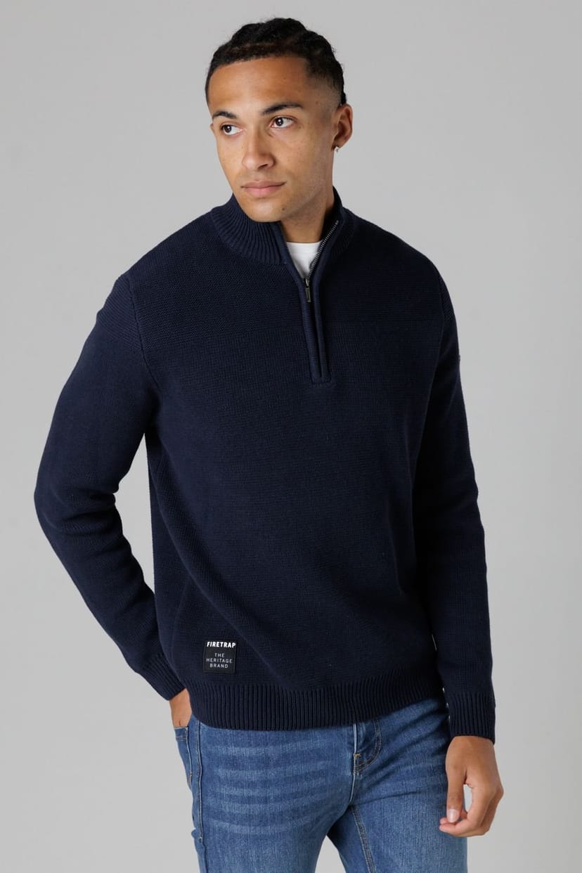 Firetrap Firetrap Men's Cotton Rich Half Zip Funnel Neck Jumper in Dark Navy - 1