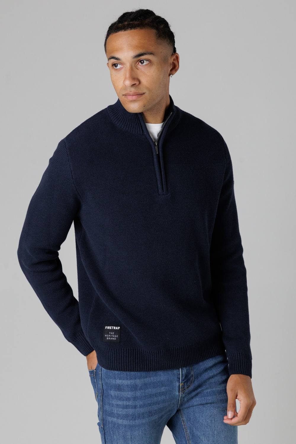 Firetrap Firetrap Men's Cotton Rich Half Zip Funnel Neck Jumper in Dark Navy - 2