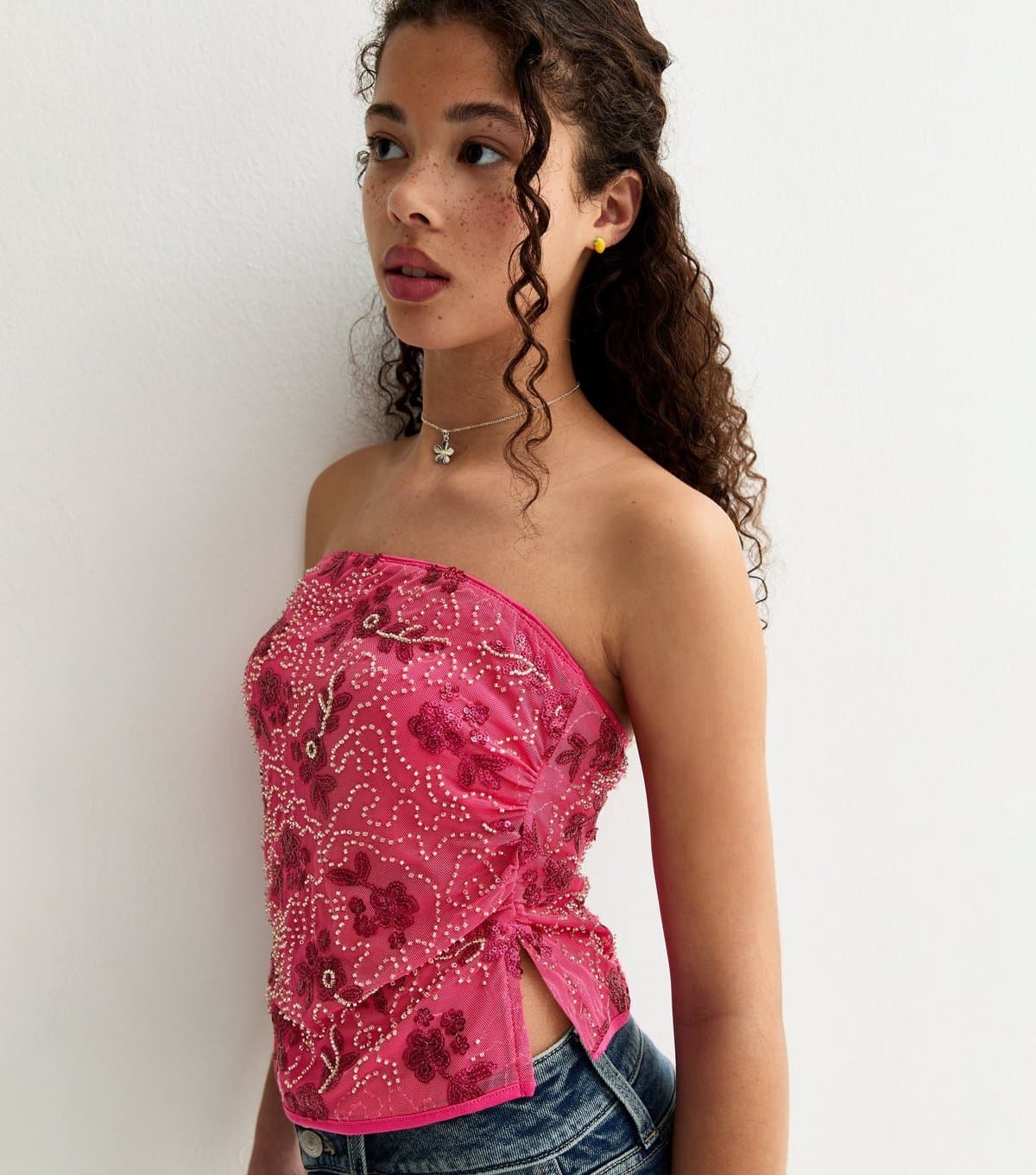 New Look Girls' Bright Pink Mesh Sequin Bandeau Top New Look