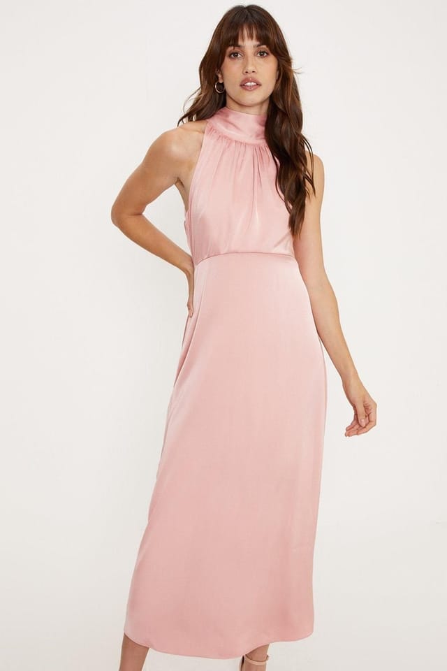 Oasis Oasis Women's Satin Halter Neck Midi Bridesmaid Dress in Blush - 2