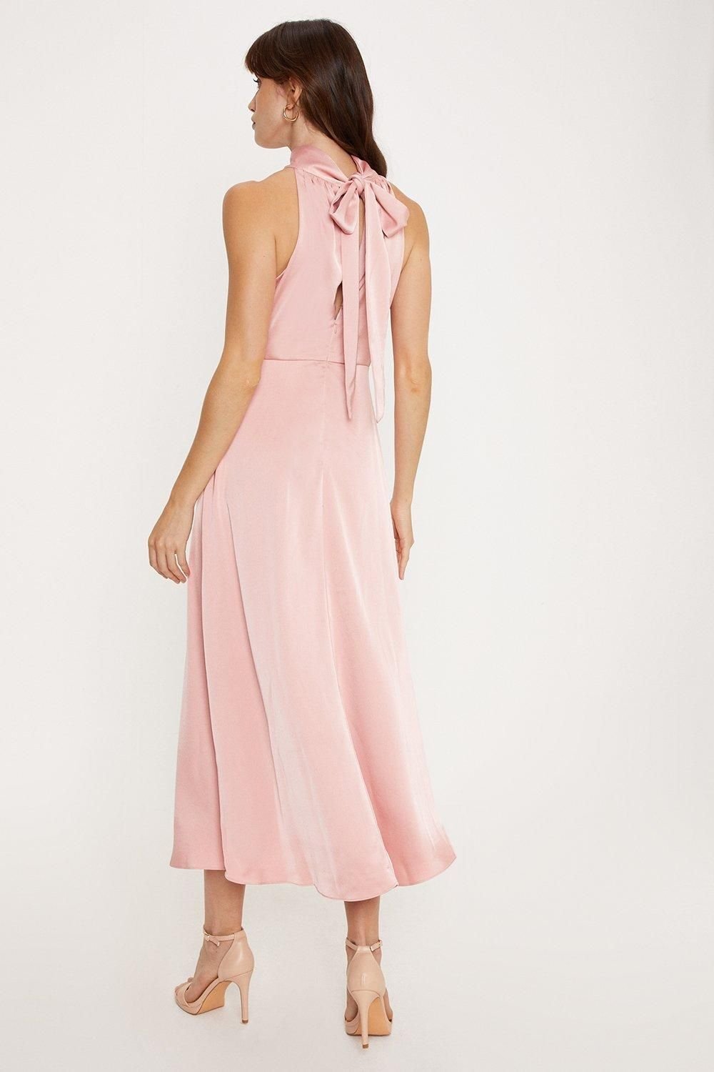 Oasis Oasis Women's Satin Halter Neck Midi Bridesmaid Dress in Blush - 3