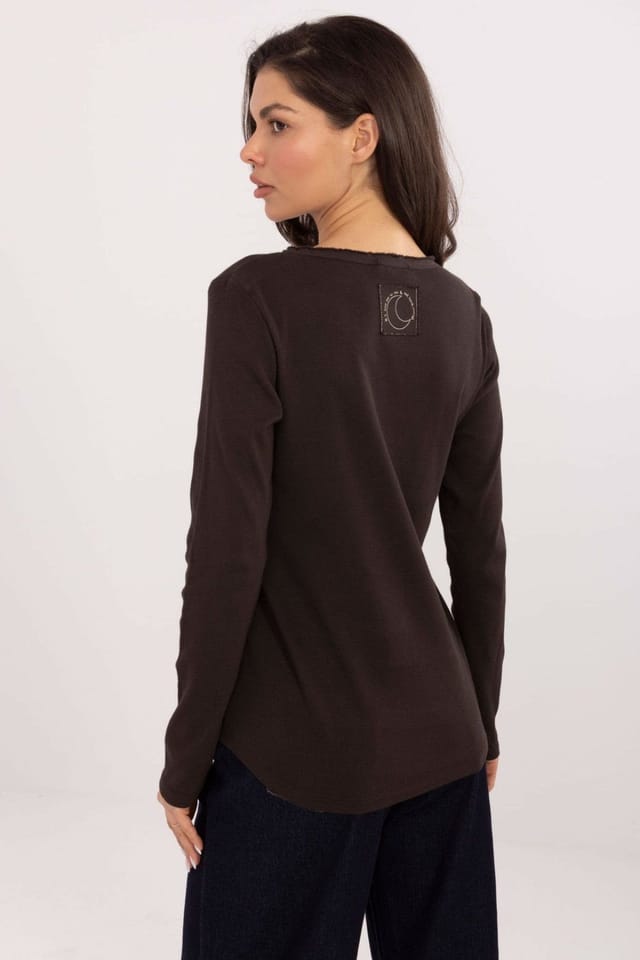 Love Lace Love Lace Women's Ribbed Cotton Elastane Long Sleeve Blouse in Brown - 3