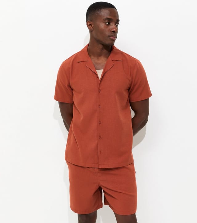 New Look Men's Rust Short Sleeve Regular Linen Look Shirt New Look - 2