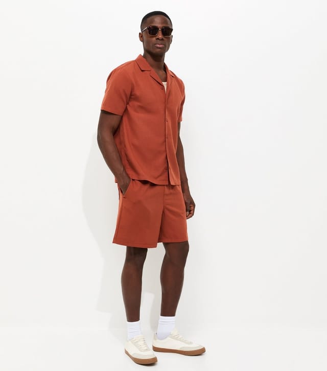 New Look Men's Rust Short Sleeve Regular Linen Look Shirt New Look - 3