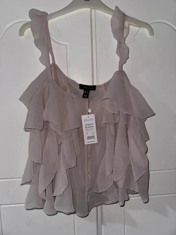New Look new look frankie frill chiffon cami top in lilac grey ruffle button down sleeveless size uk 12