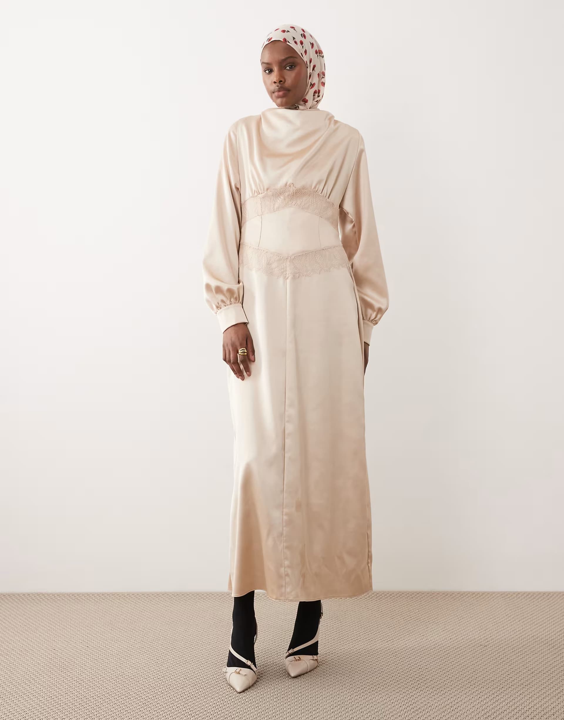 ASOS ASOS DESIGN satin high neck lace detail maxi dress in champagne