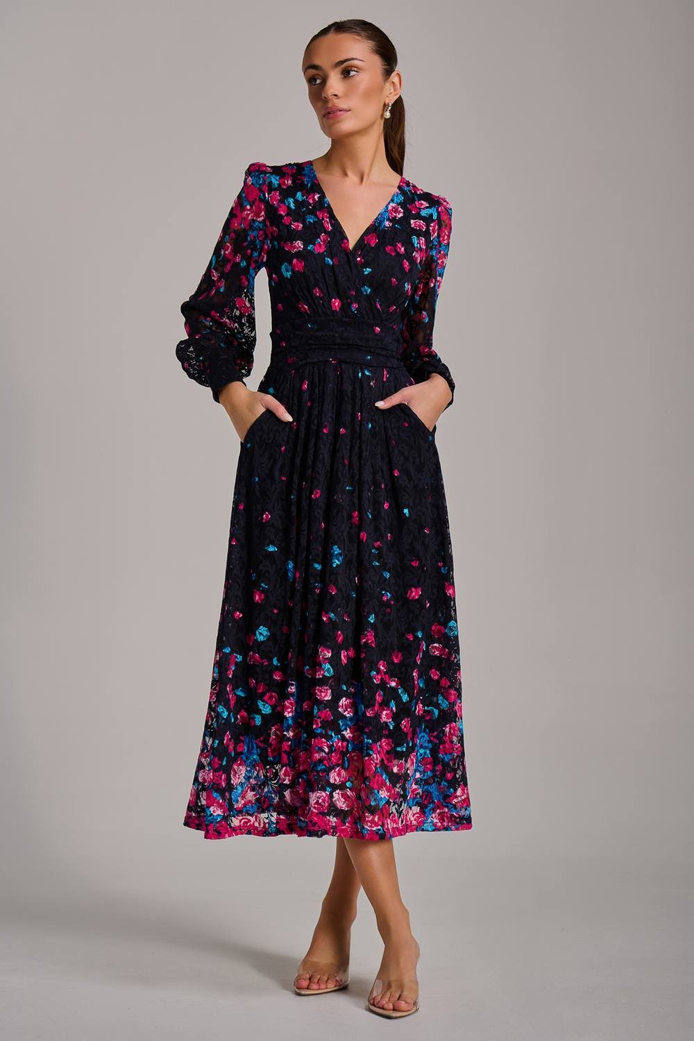 Jolie Moi Jolie Moi Women's Long Sleeve Print Lace Maxi Dress - 2