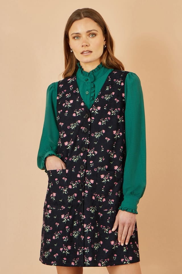 Yumi Yumi Women's Black Floral Print Pinafore Dress With Button Up - 2