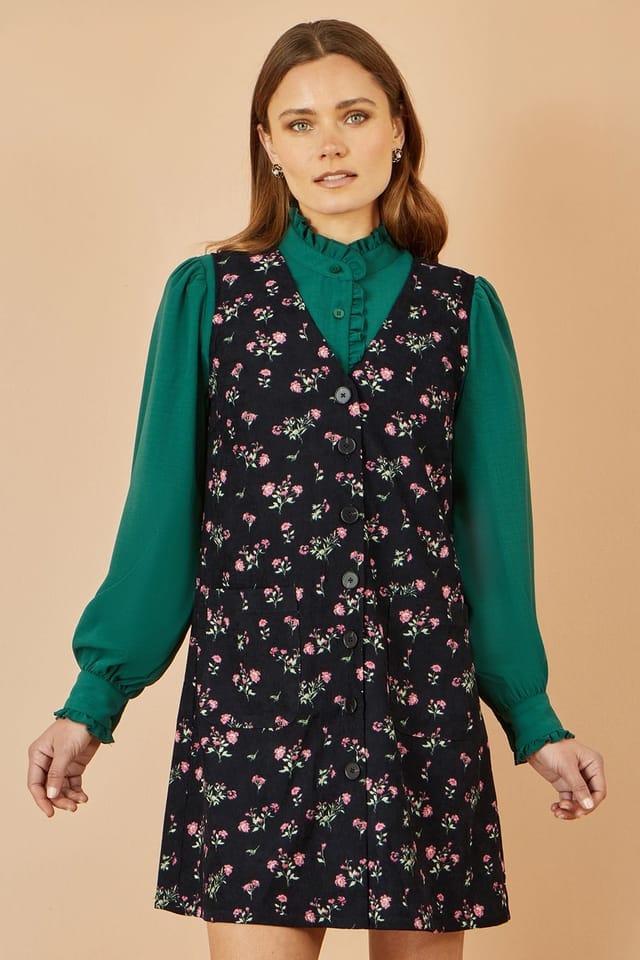 Yumi Yumi Women's Black Floral Print Pinafore Dress With Button Up - 3