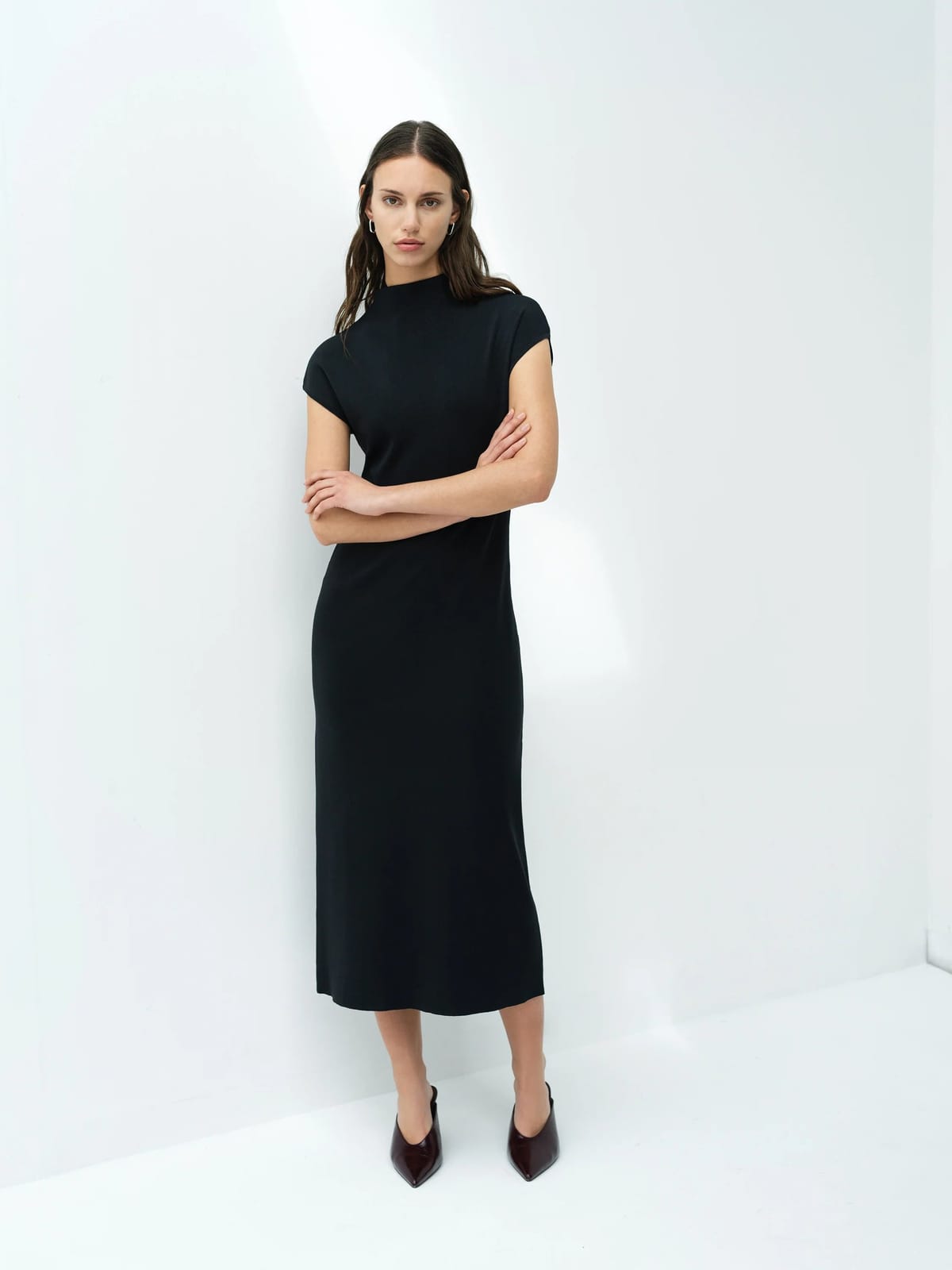 French Connection Fenella Dark Grey Mock Neck Knit Midi Dress Graphite Grey - 1