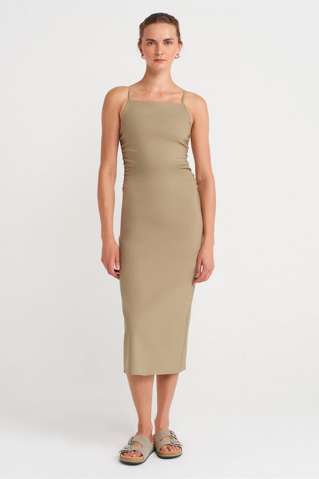 Dilvin Dilvin Women's Sleeveless Bodycon Midi Dress in Khaki
