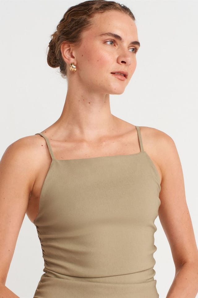 Dilvin Dilvin Women's Sleeveless Bodycon Midi Dress in Khaki - 3