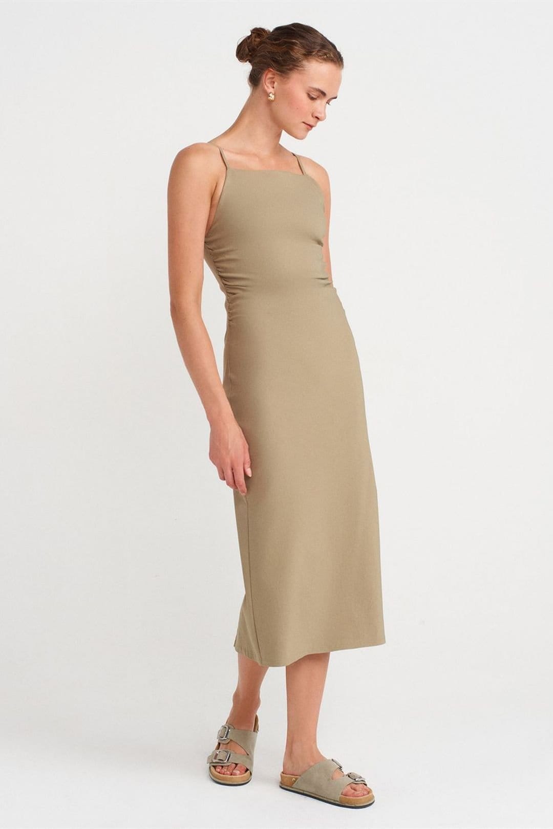 Dilvin Dilvin Women's Sleeveless Bodycon Midi Dress in Khaki - 4