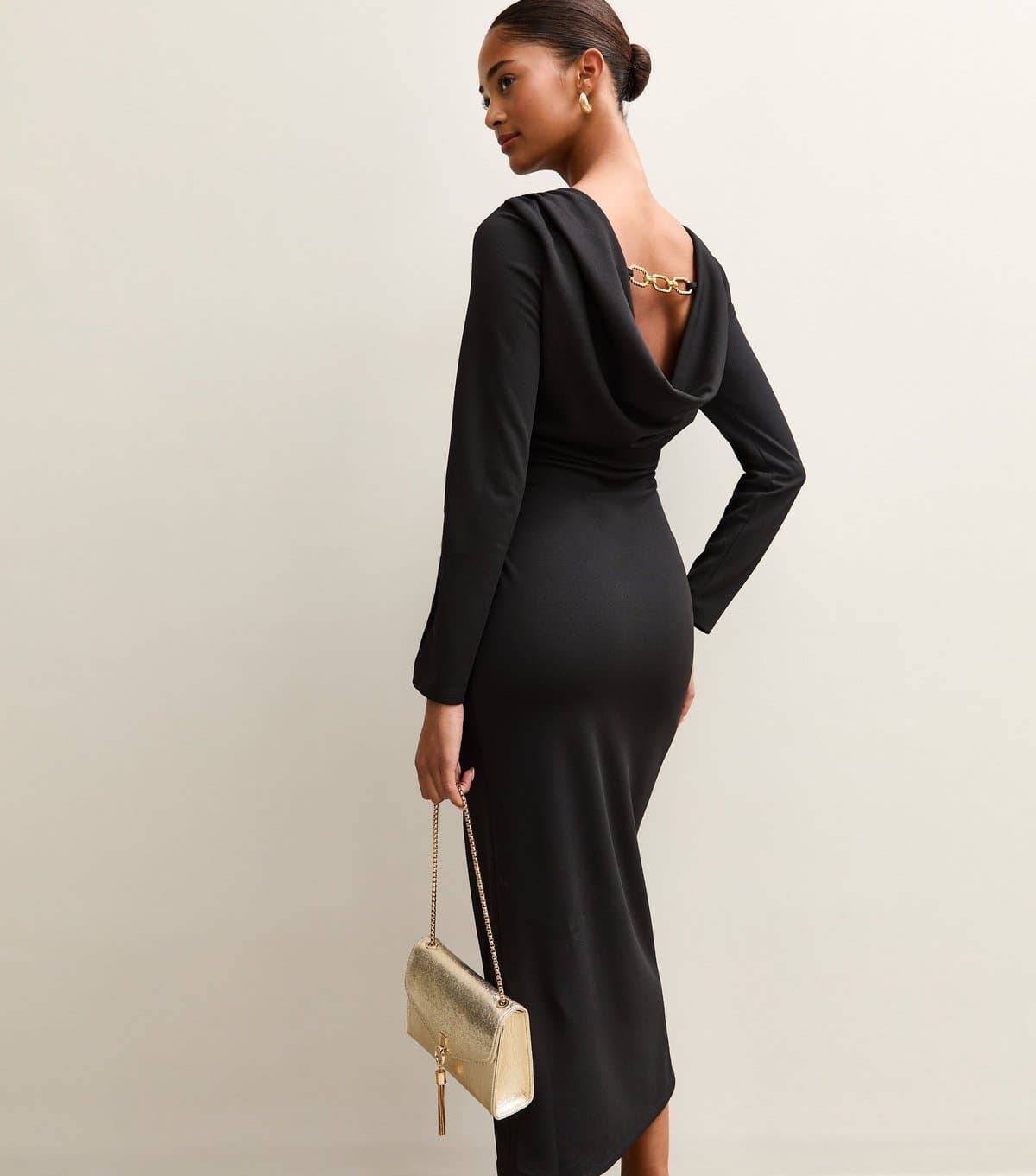 New Look Women's Black Cowl Back Chain Trim Midi Dress New Look