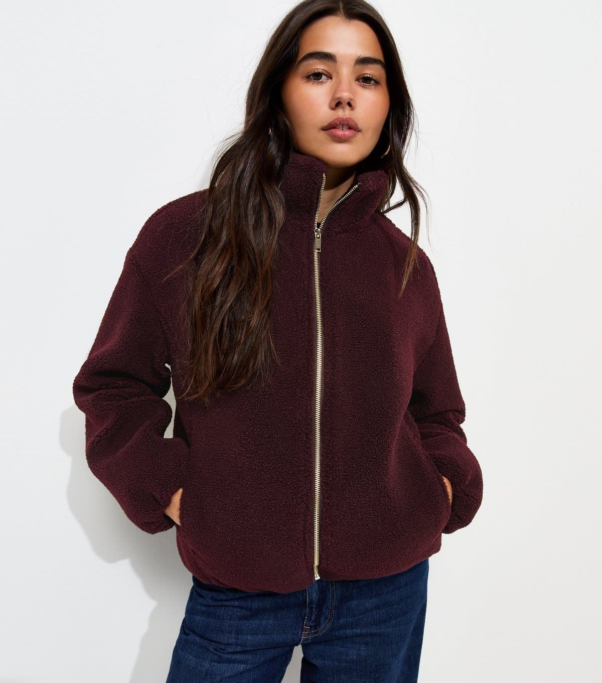 New Look Women's Dark Burgundy Borg Texture Zip Front Jacket New Look