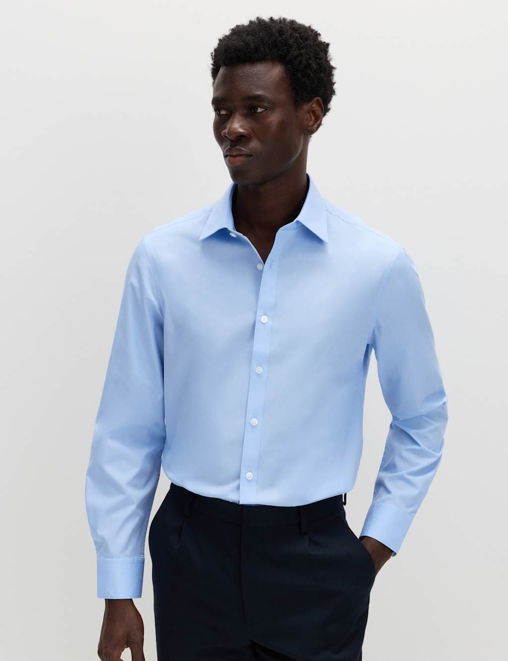 Marks & Spencer M&S Slim Fit Easy Iron Cotton Blend Shirt Mid Blue