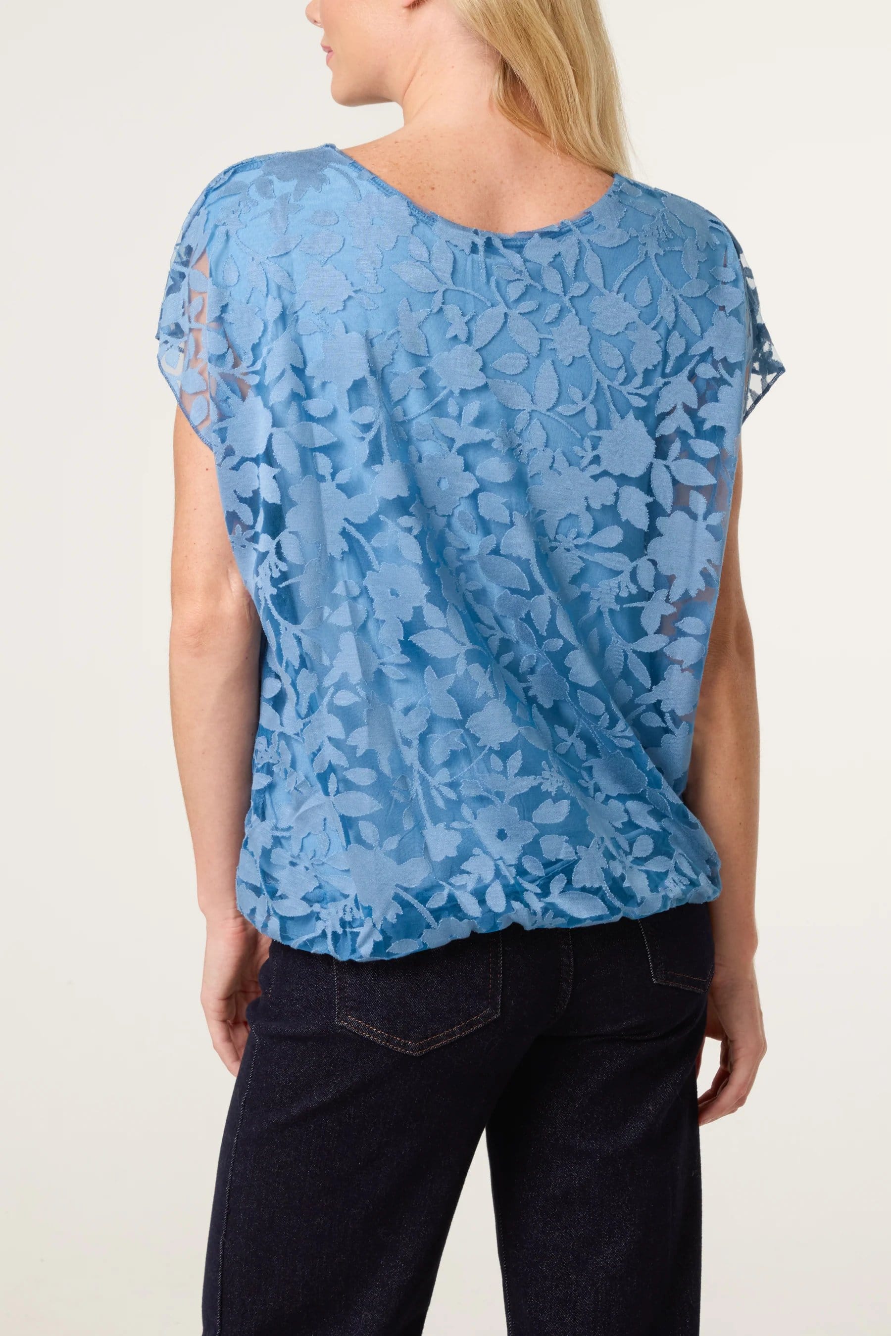 Blue Vanilla Floral Sheer Overlay Top - 4