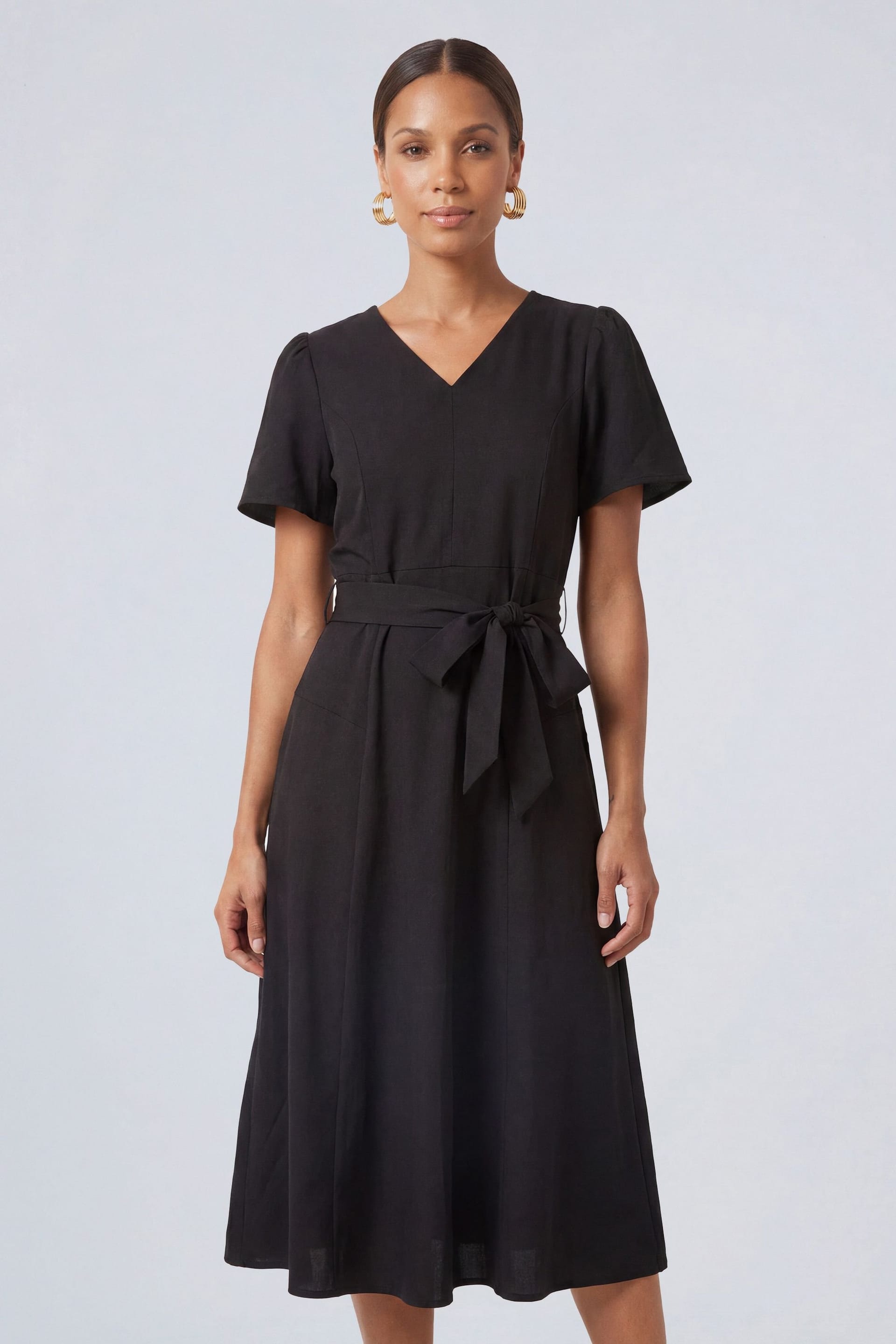 Principles Principles Women's Petite Seam Detail Tie Waist Midi Dress in Black - 4