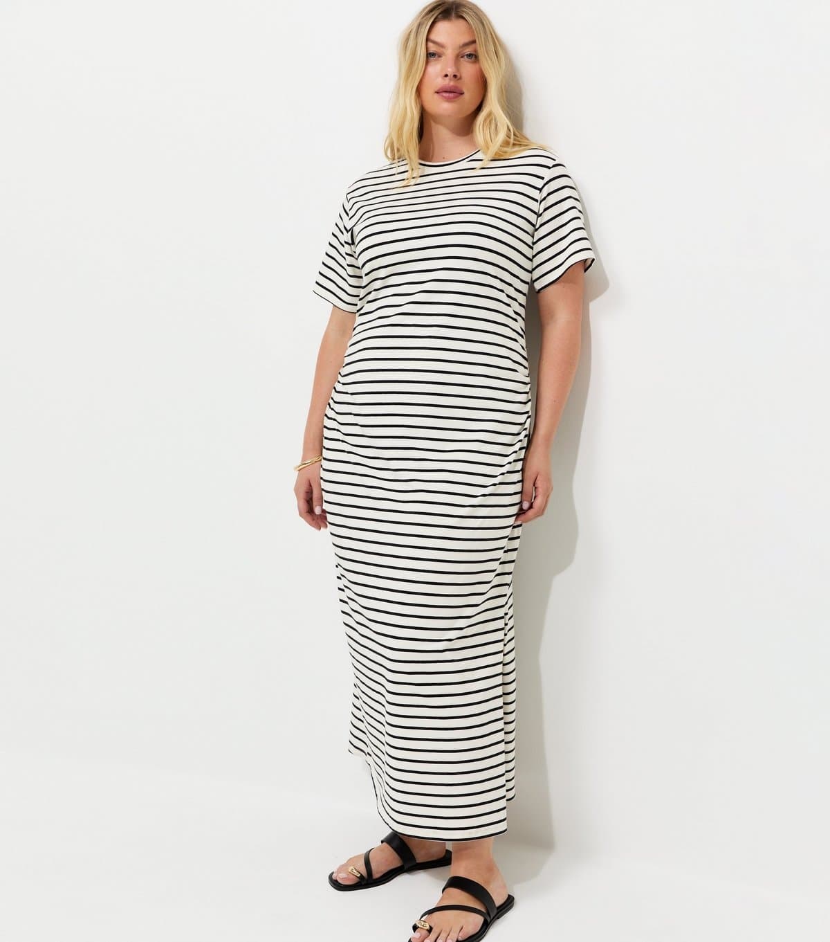 New Look Women's Plus Size Black Ruched Side Striped Jersey Midi Dress Curves New Look