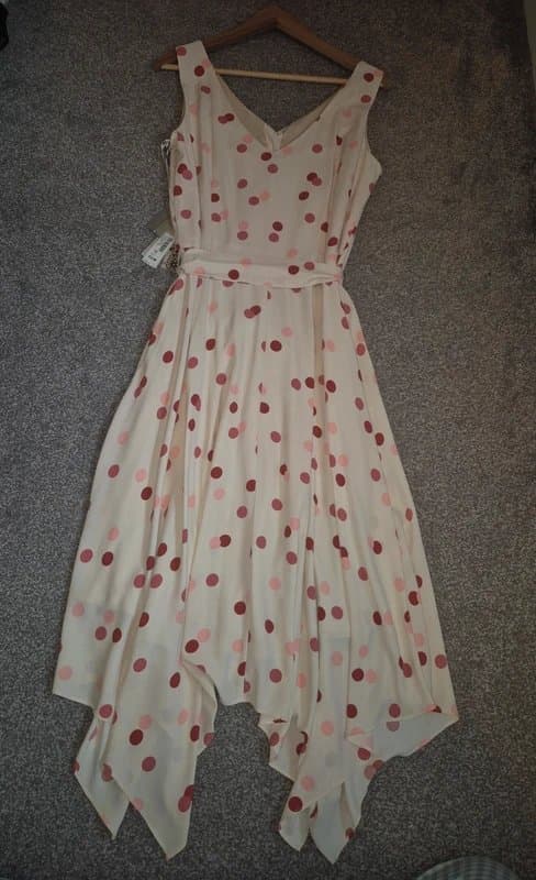ROMAN Roman women's polka dot dress cream and pink with gold buttons size 12