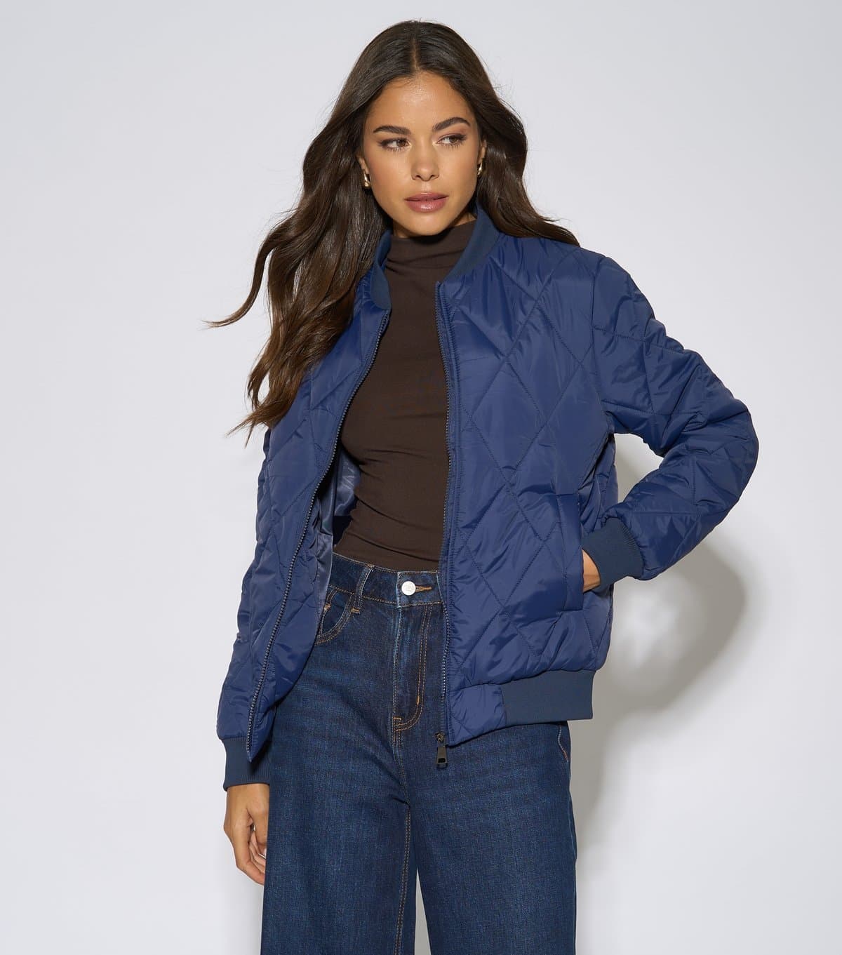Gini London Women's Navy Diamond Quilted Puffer Bomber Jacket Gini London New Look