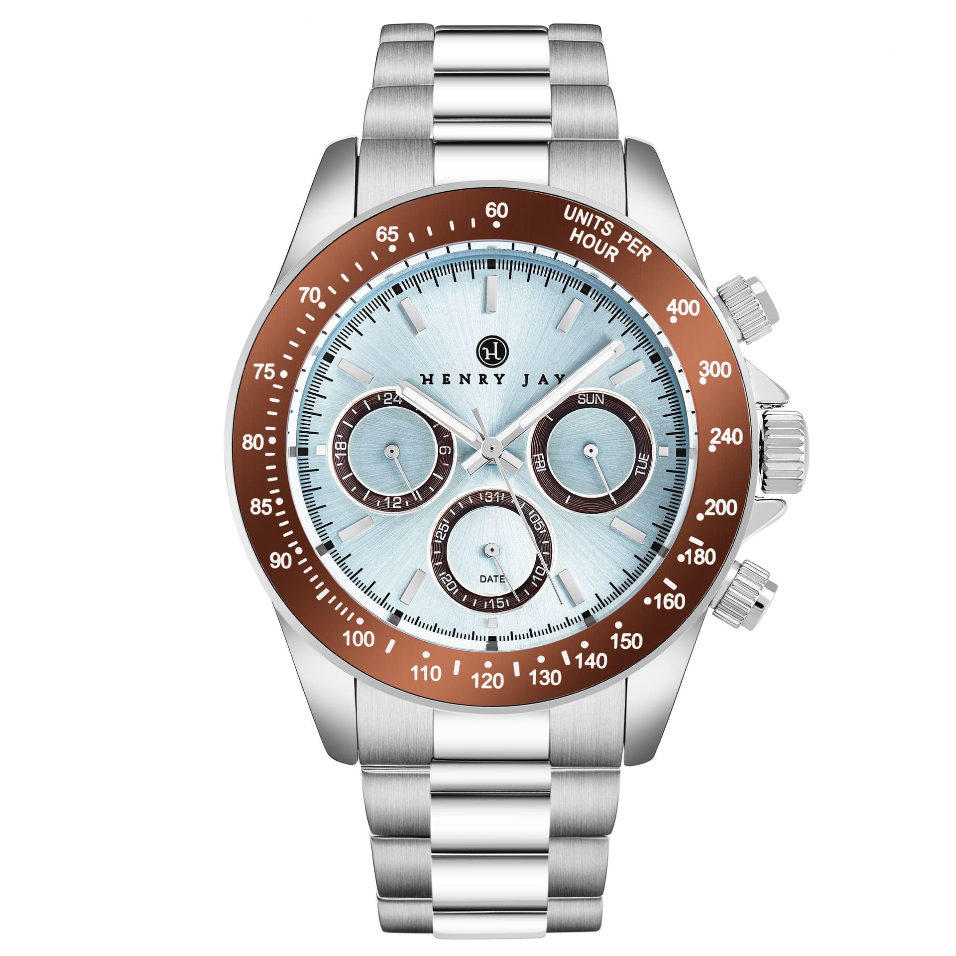 Henry Jay Henry Jay Men's Quartz Stainless Steel Multifunction Watch with GMT-Day-Date & Tachymeter Display in Silver