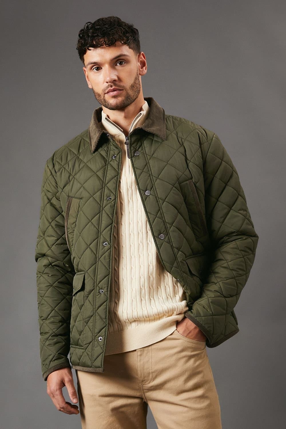 Maine Maine Men's Khaki Cord Collar Diamond Quilted Jacket
