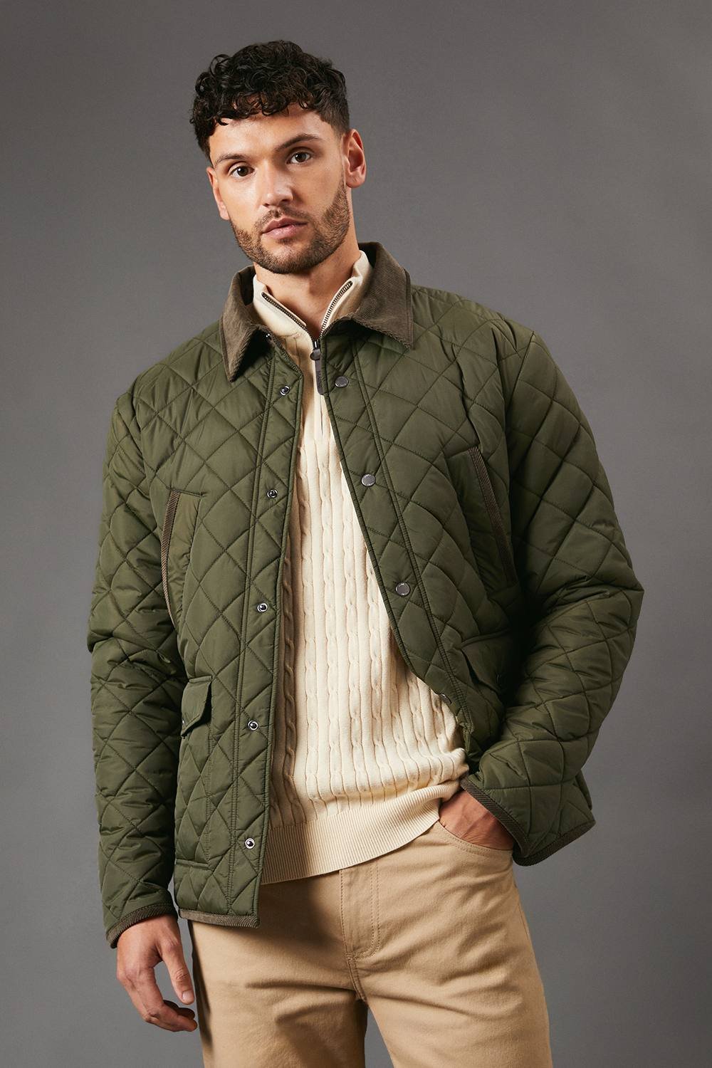 Maine Maine Men's Khaki Cord Collar Diamond Quilted Jacket - 2