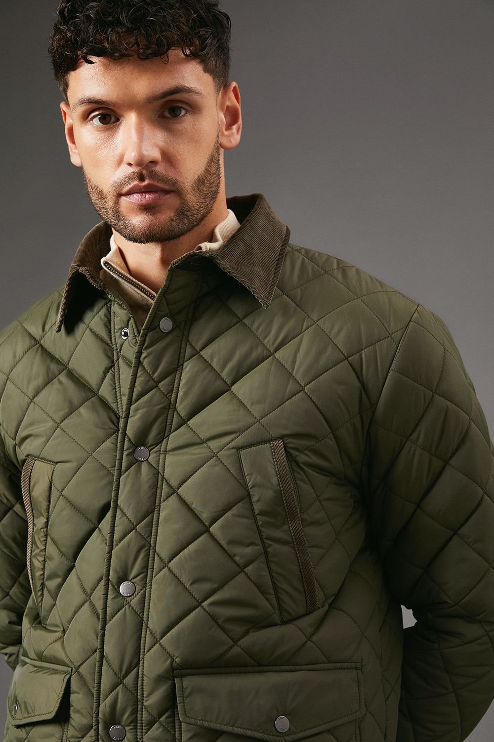 Maine Maine Men's Khaki Cord Collar Diamond Quilted Jacket - 4