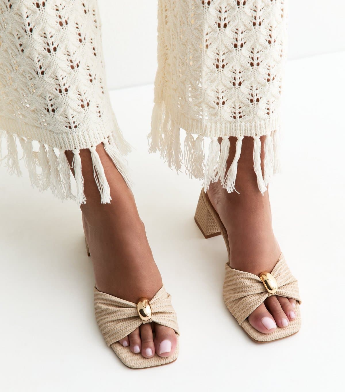 New Look Women's Off White Woven Metal Trim Mules Vegan New Look