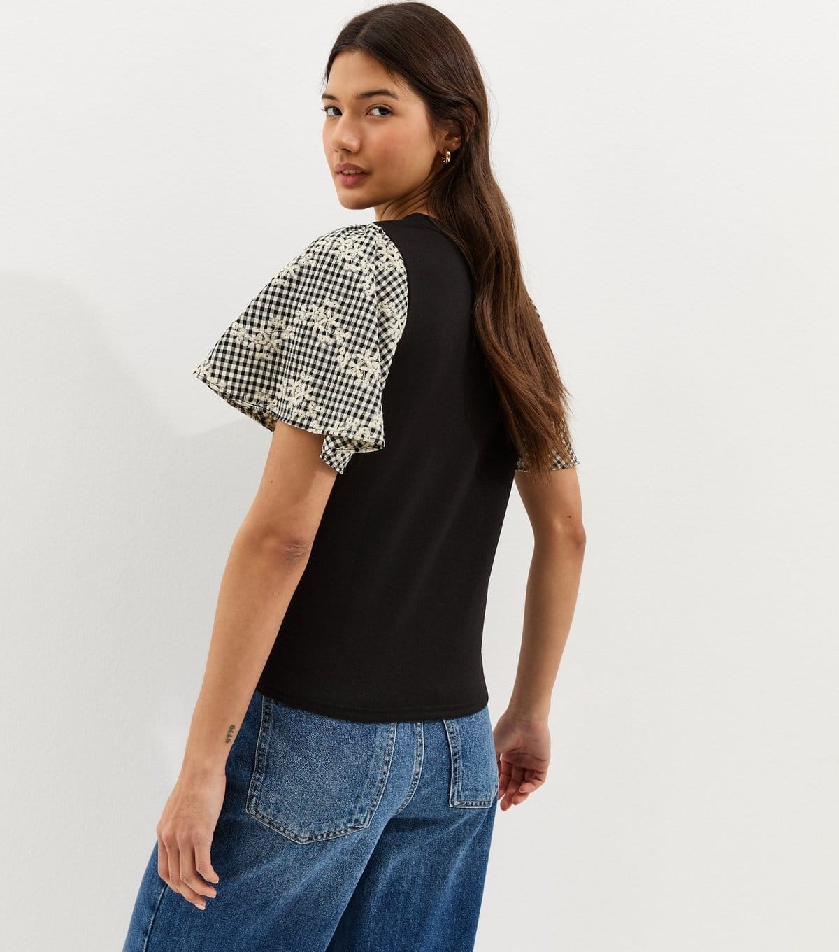 New Look Women's Black Embroidered Check Sleeve T-Shirt New Look - 4