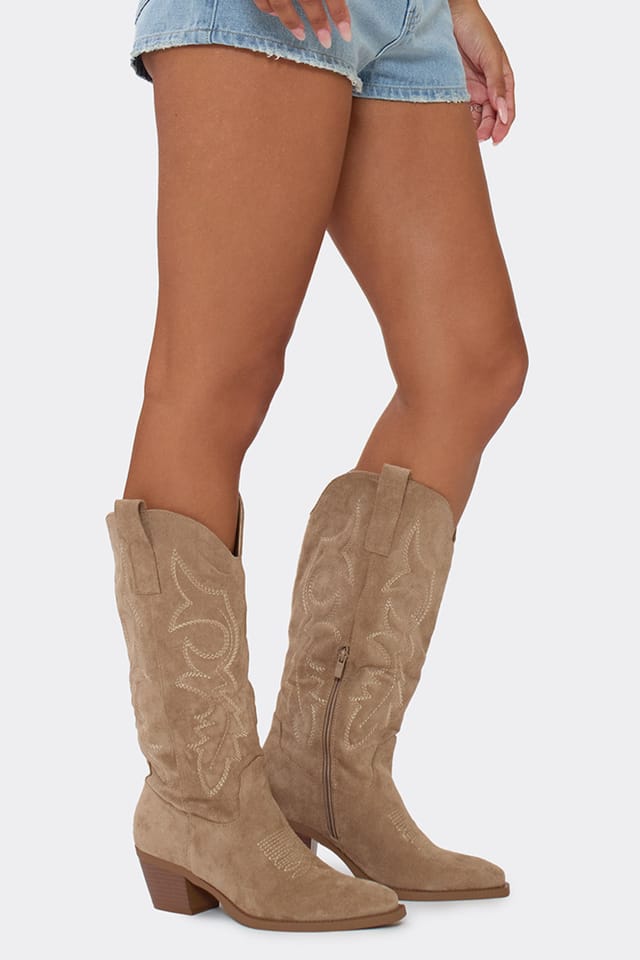 EGO EGO Women's Western Cowboy Embroidered Faux Suede Block Heel Boots in Light Beige - 2