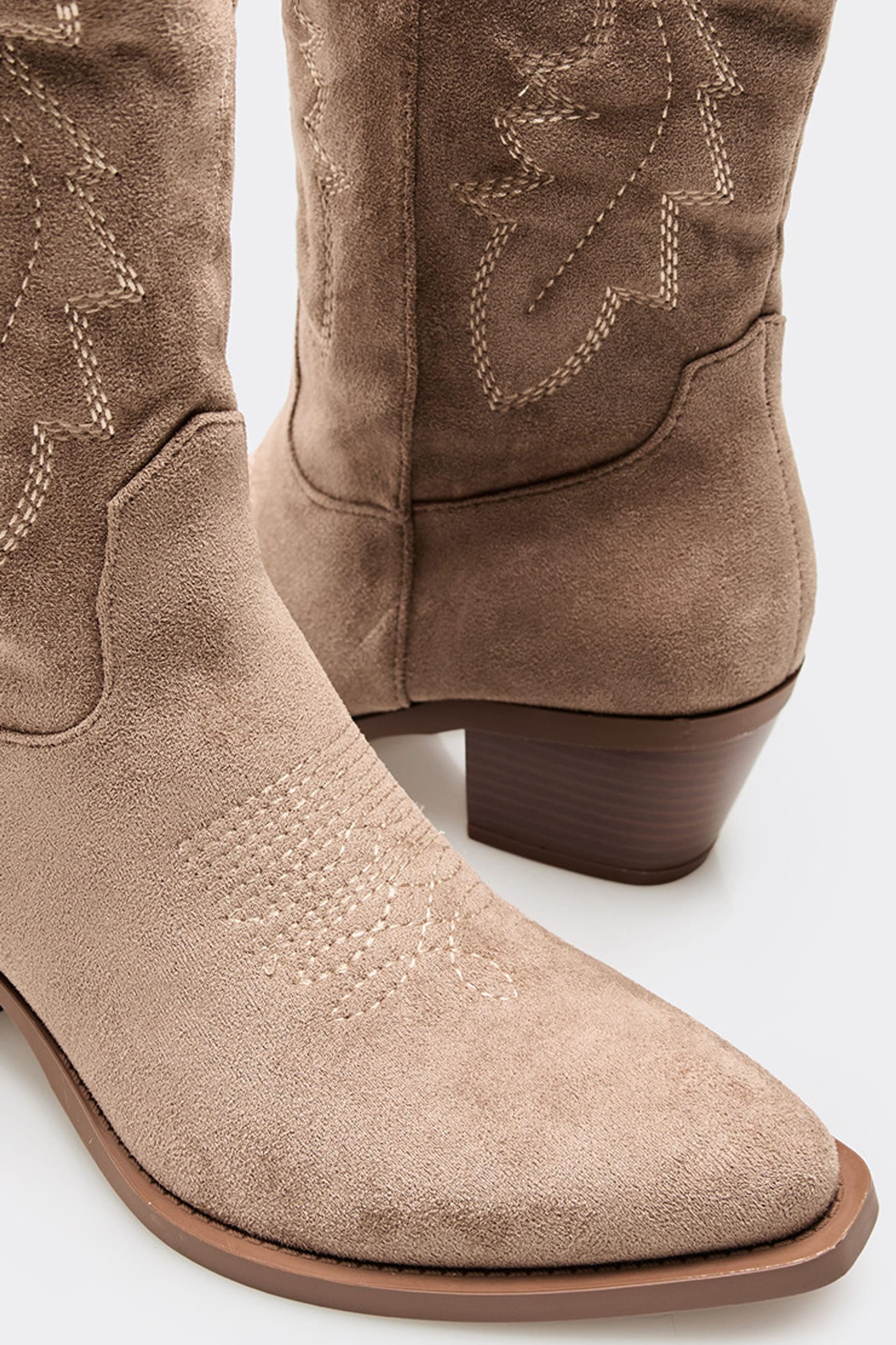 EGO EGO Women's Western Cowboy Embroidered Faux Suede Block Heel Boots in Light Beige - 4