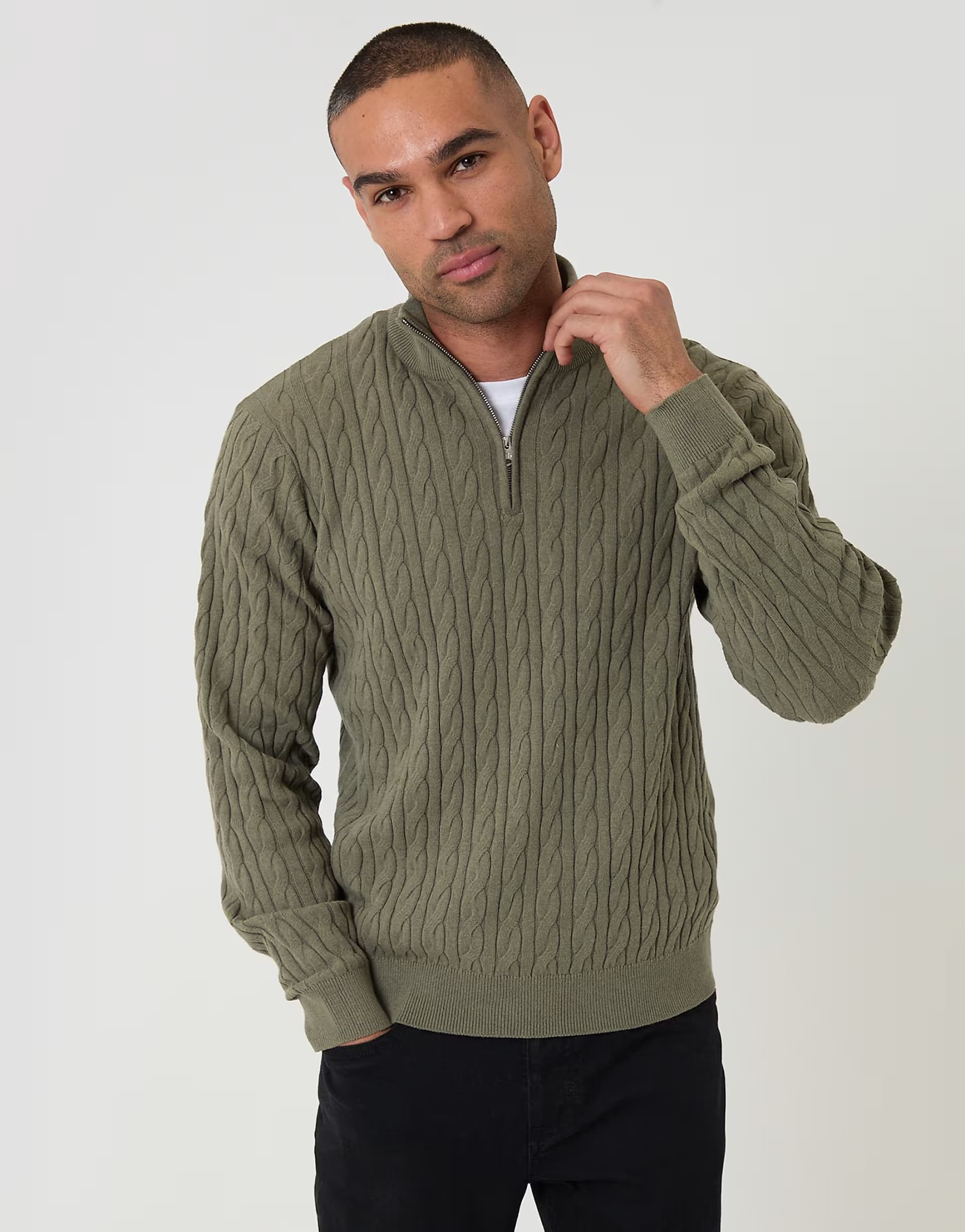 ASOS Threadbare Cable knit quarter zip jumper in olive